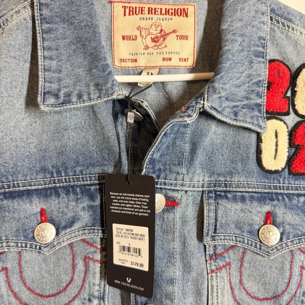 NWT Vintage inspired True Religion Denim Jacket Y2K 2002 Patches Medium Wash L